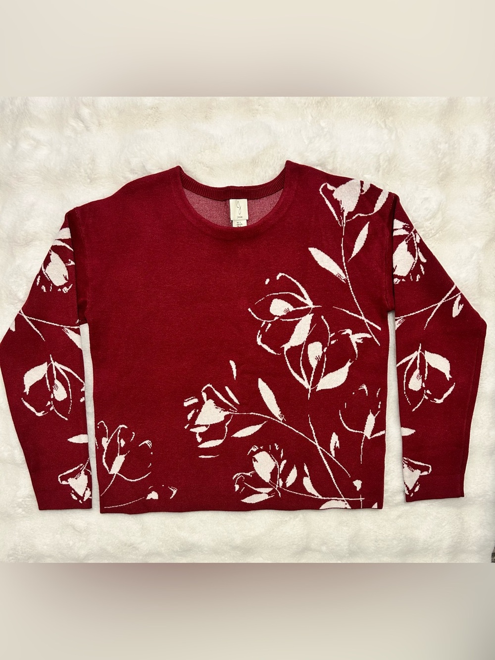 Joie Red Crewneck Sweater with Cream Floral Motif Button Back Detail